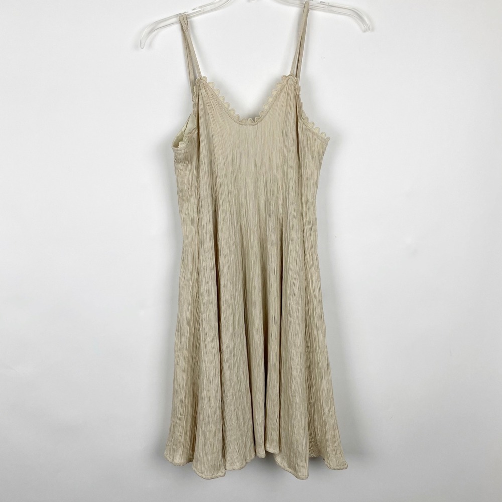 Umgee Crinkle Lace Trim Fit Flare Mini Tank Dress Womens Size S Beige